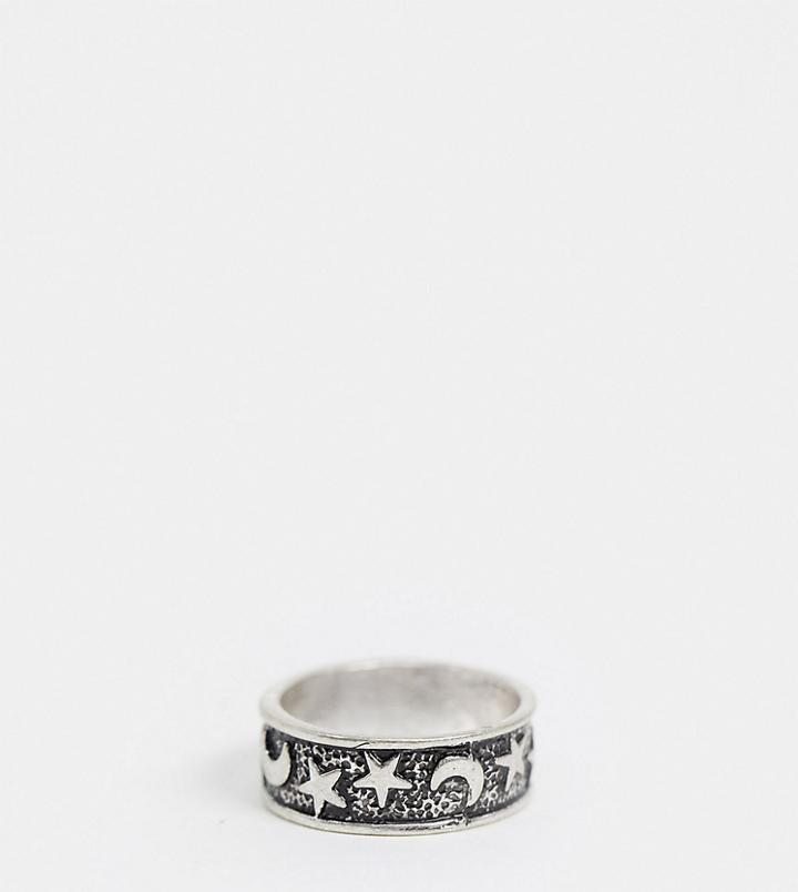 Asos Design Curve Ring With Star And Moon Detail In Burnished Silver Tone