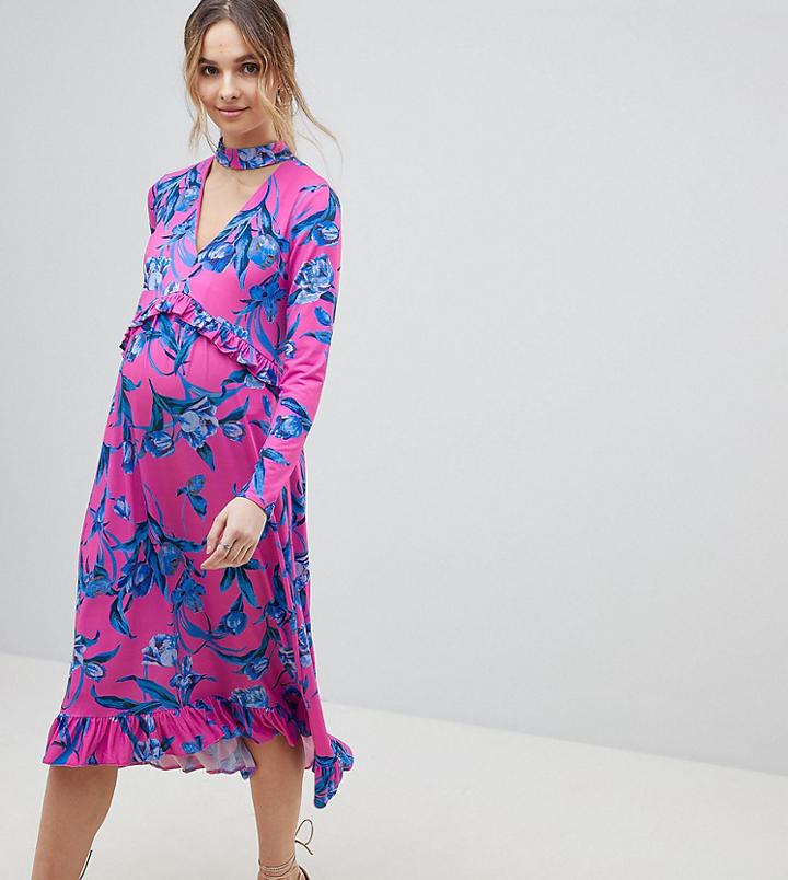 Asos Design Maternity Slinky Midi Dress With Choker Neck And Frill Details In Floral Print - Multi