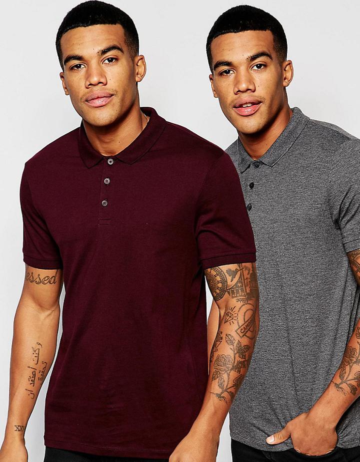Asos 2 Pack Jersey Polo Shirt In Gray/burgundy Save - Multi