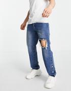 Mennace Baggy Jeans In Vintage Denim Blue With Rips And Snap Hems-blues