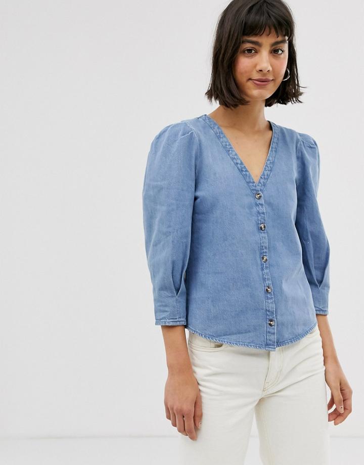 Monki Denim V-neck Blouse With Puff Sleeves In Blue - Blue