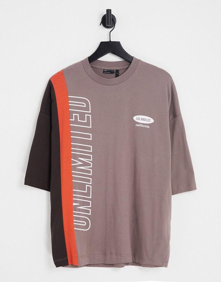 Asos Design Oversized T-shirt In Brown Color Block With Text Print