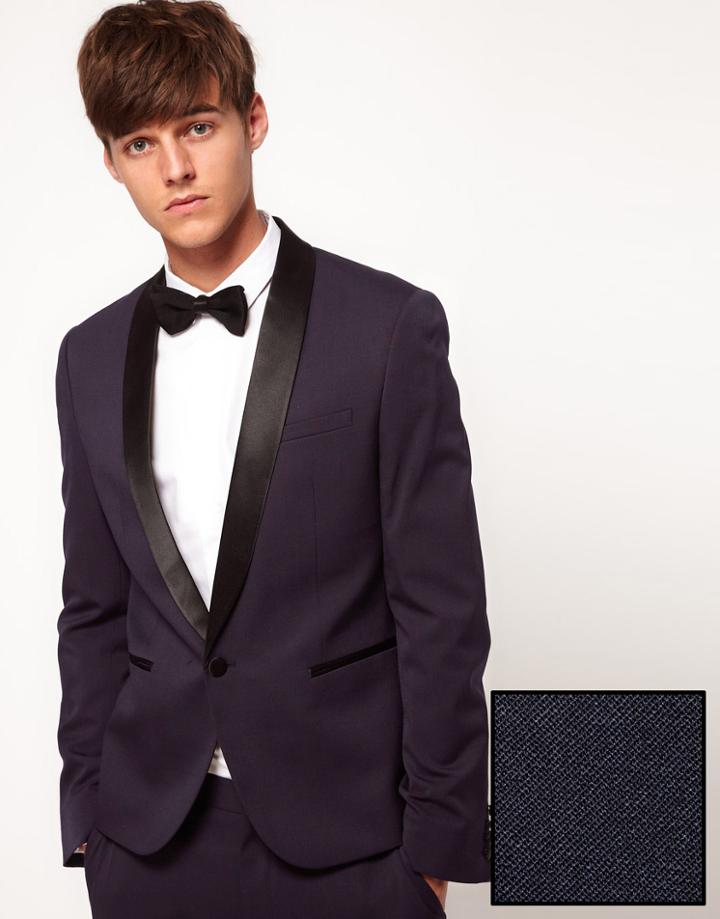 Asos Skinny Fit Tuxedo Suit Jacket In Navy Polywool
