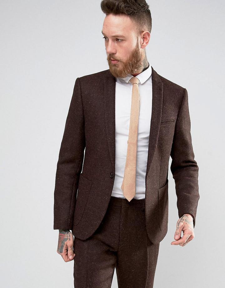 Asos Slim Suit Jacket In Brown Harris Tweed 100% Wool - Brown