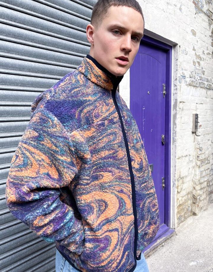 Asos Design Oversized Track Top In Teddy Fleece With Abstract All Over Print & Binding-multi