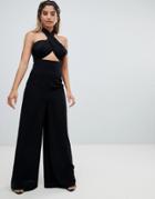 Asos Design Cross Front Jumpsuit With Twist Neck And Wide Leg - Black