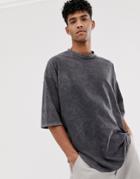 Asos Design Oversized T-shirt With Half Sleeve In Acid Wash - Gray