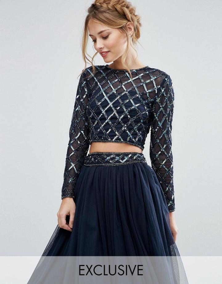 Lace & Beads Irredescent Crop Top Co Ord - Navy