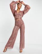 Asos Design Coordinating Wide Leg Pants In Satin Jacquard In Rust-multi