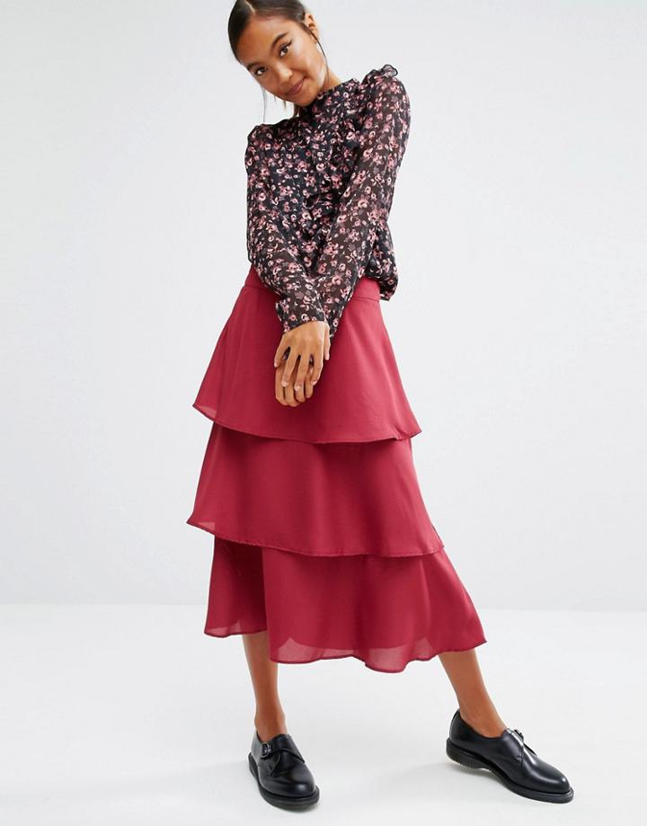 First & I Ruffle Midi Skirt - Red