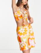 Violet Romance Satin Mini Skirt In 70s Floral Print - Part Of A Set-multi