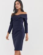 Lavish Alice Off The Shoulder Cross Over Midi Dress In Navy - Navy