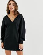 Asos Design Deep V Hoodie Sweat Dress - Black