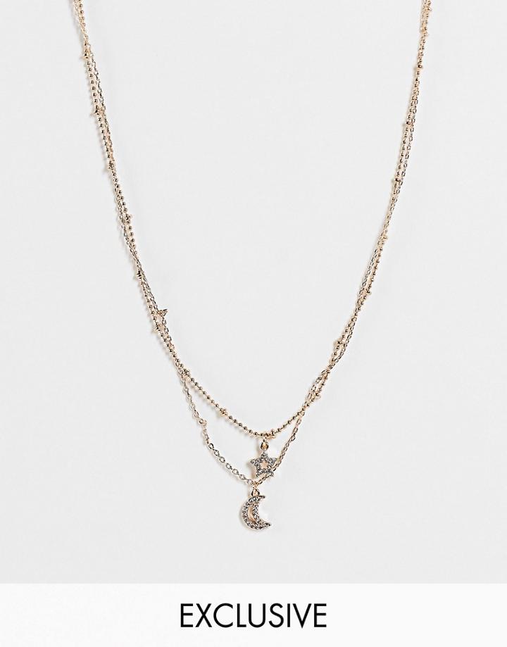 Reclaimed Vintage Inspired Fine Chain Multirow Necklace With Mini Cosmic Charms In Gold