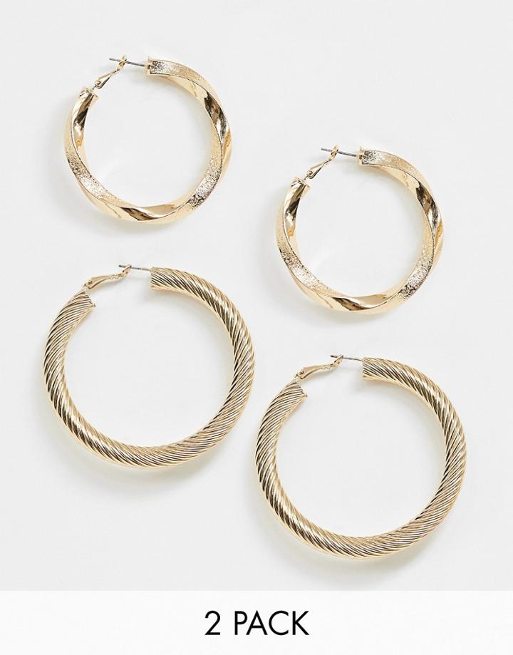 Asos Design Pack Of 2 Hoop Earrings In Twist Design In Gold - Gold