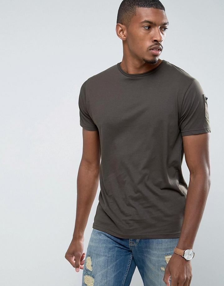 Brave Soul Longline T-shirt With Zip Detail - Green