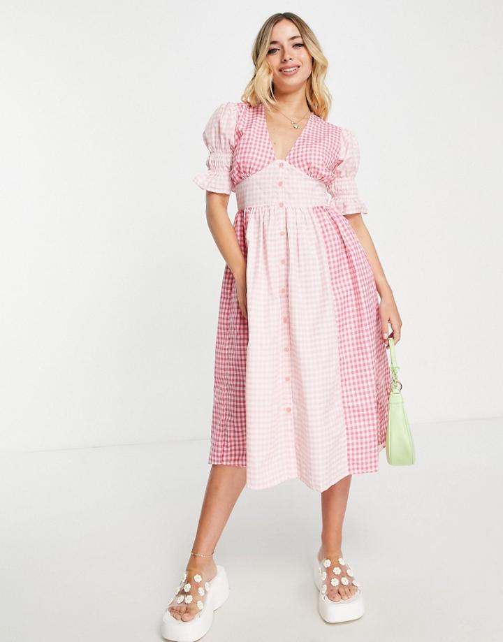 Influence V Neck Midi Dress In Mixed Gingham-pink