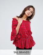 New Look Tall Check Flare Sleeve Bardot Top - Red