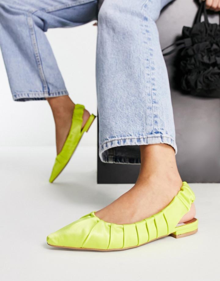 Asos Design Limelight Ruched Slingback Ballets In Lime Satin-green