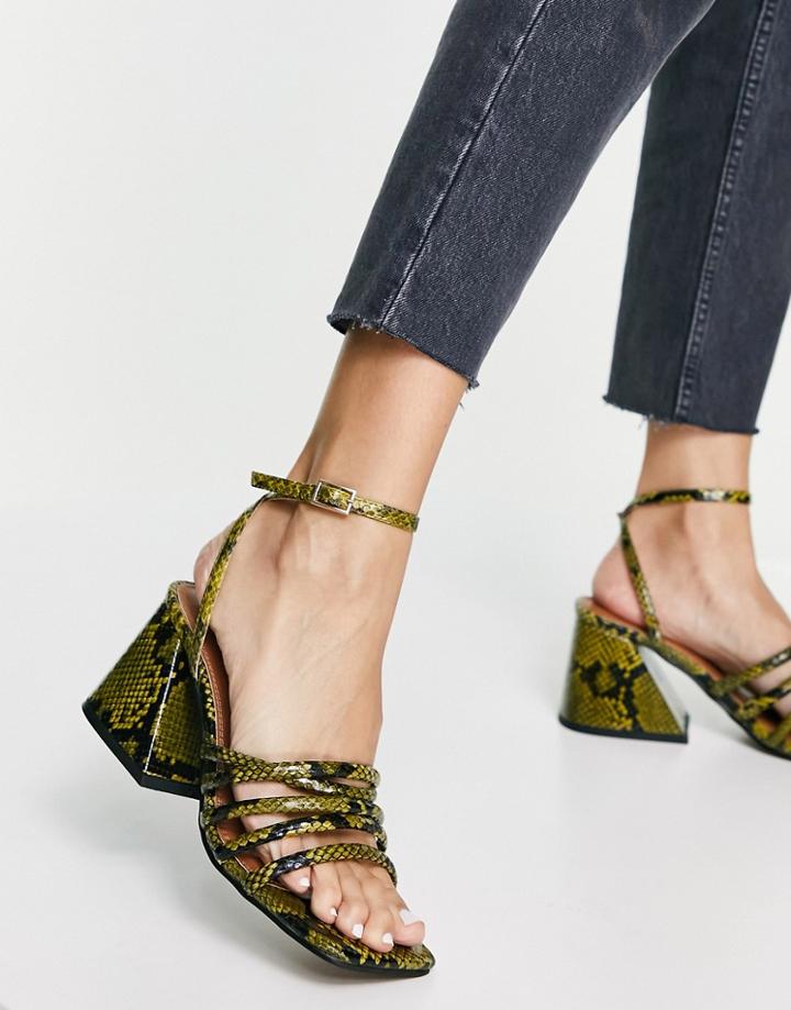 Asos Design Husk Strappy Block Heeled Sandals In Lime Snake-green