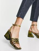 Asos Design Husk Strappy Block Heeled Sandals In Lime Snake-green