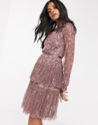 Needle & Thread Embroidered Tiered Mini Dress With Sheer Sleeves In Merlot-purple