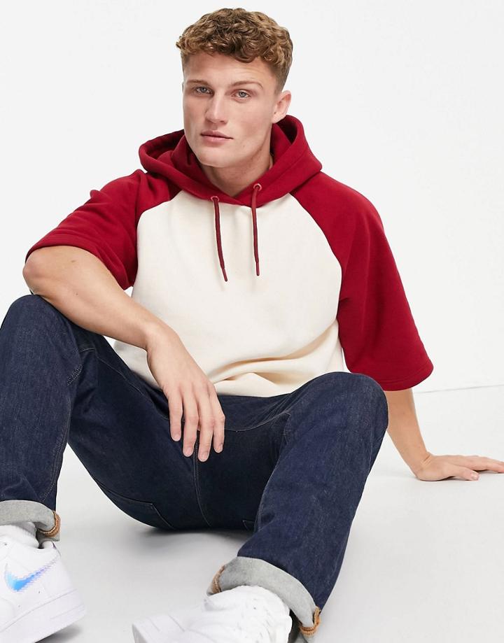 Topman Short Sleeve Raglan Hoodie In Red