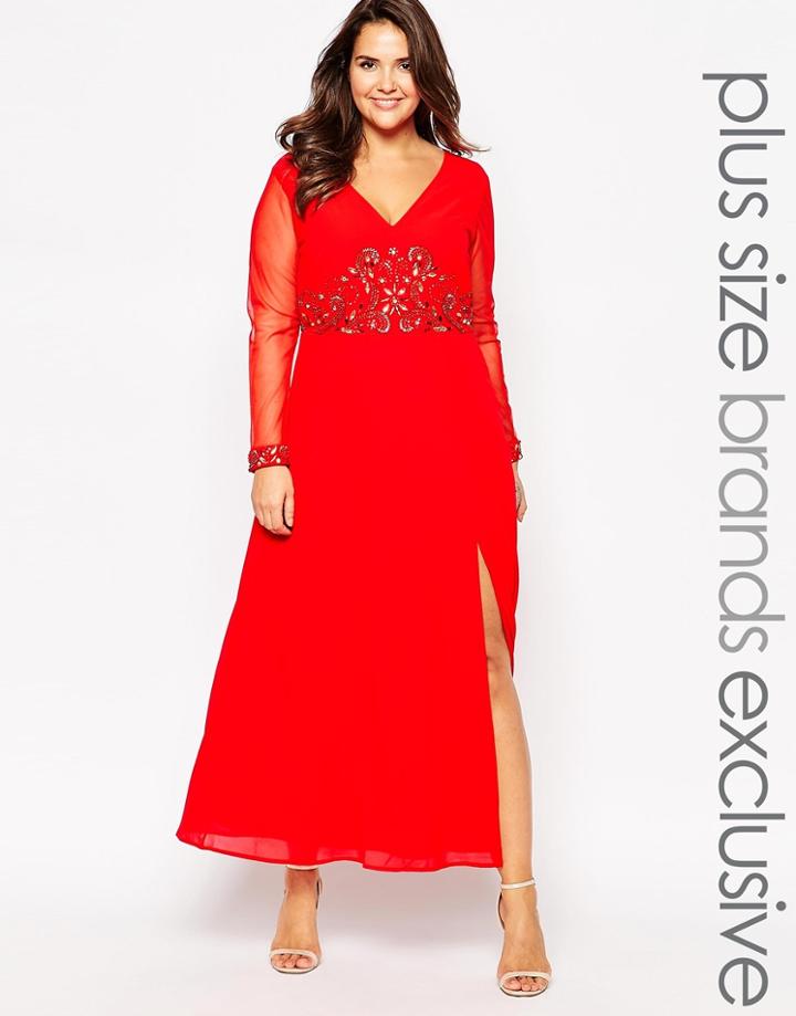 Lovedrobe Plunge Front Maxi Dress With Embellished Cuff - Red
