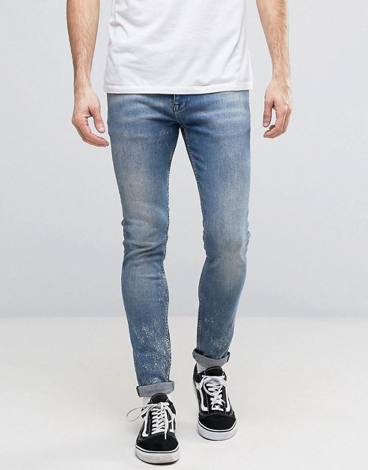 Asos Super Skinny Jeans In Mid Vintage Wash With Random Acid Wash - Bl