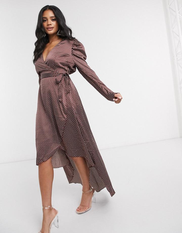 Missguided Puff Sleeve Midi Wrap Dress In Brown