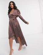 Missguided Puff Sleeve Midi Wrap Dress In Brown