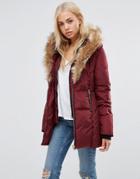 Qed London High Neck Quilted Coat With Faux Fur Trim - Red