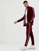 Asos Design Tracksuit Muscle Track Jacket/super Skinny Joggers In Velour With Rhinestone Side Stripe - Red
