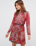 Lavand Sheer Long Sleeve Red Floral Dress With Belt - Red