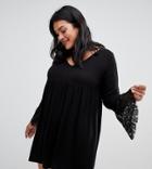 Asos Design Curve V Neck Swing Dress With Flared Lace Cuffs - Black