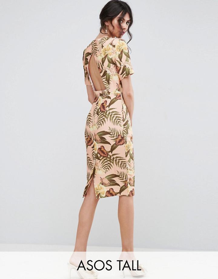 Asos Tall Wiggle Dress With Open Back In Tropical Print - Multi