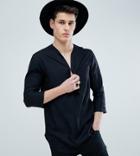 Asos Design Tall Regular Fit Longline Viscose Shirt In Black With V Neck - Black