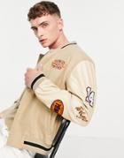 Asos Design Varsity Jacket With Embroidered Faux Leather Sleeves-brown