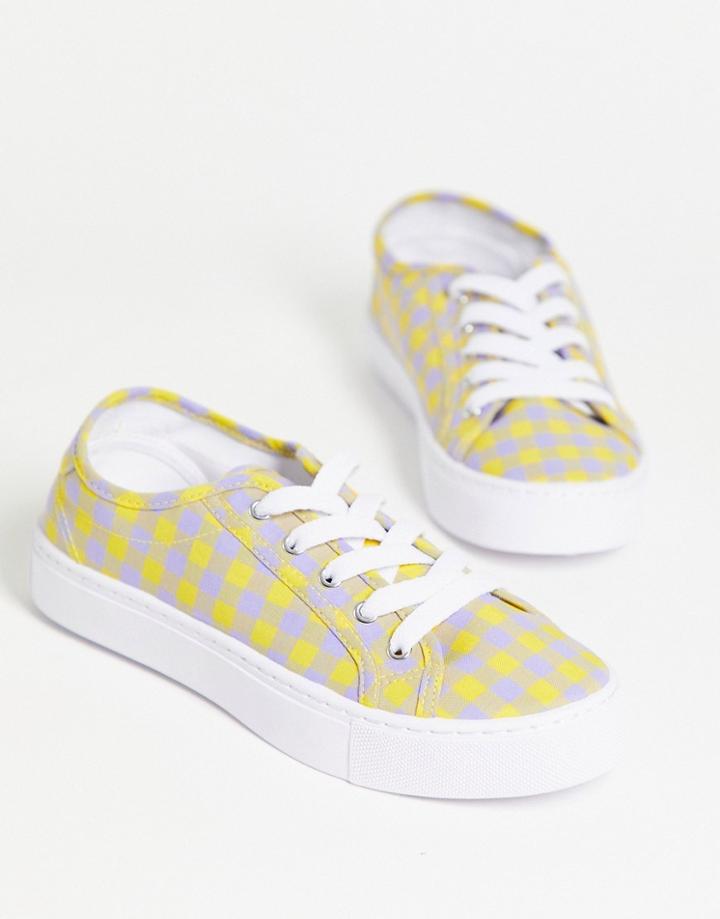 Asos Design Dizzy Lace Up Sneakers In Lilac Gingham-purple