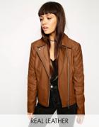 Asos Leather Biker Jacket With Multi Quilt Detail - Brown