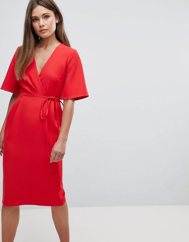 Asos Midi Wrap Dress With Tie Detail - Red
