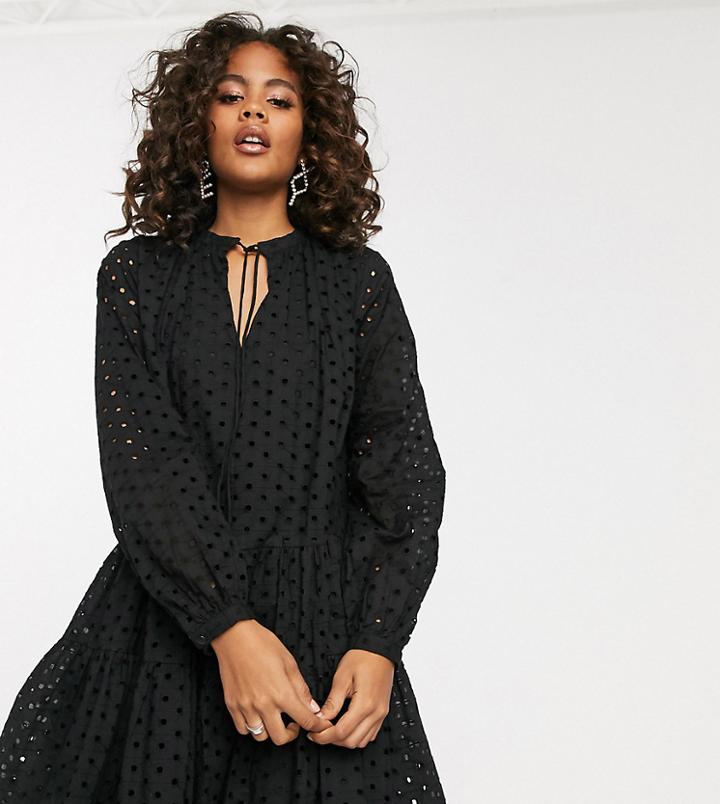 Asos Design Tall Tiered Trapeze Mini Dress In Broderie-black