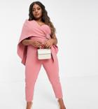 Lavish Alice Plus One Shoulder Cape Detail Jumpsuit With Belt In Dusty Rose-pink