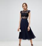 Asos Tall Lace Midi Dress With Lace Frill Sleeve - Blue