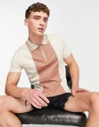 Asos Design Polo T-shirt In Brown Color Block With Retro Collar & Zip