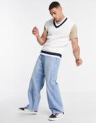 Pull & Bear Knitted Vest In White With Blue Contrast