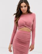 Club L London Knot Front Long Sleeve Top In Mauve - Pink