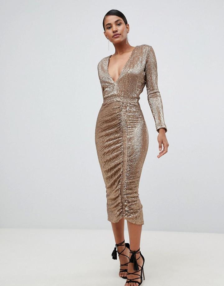 Lavish Alice Sequin Embellished Midi Dress In Gold - Gold