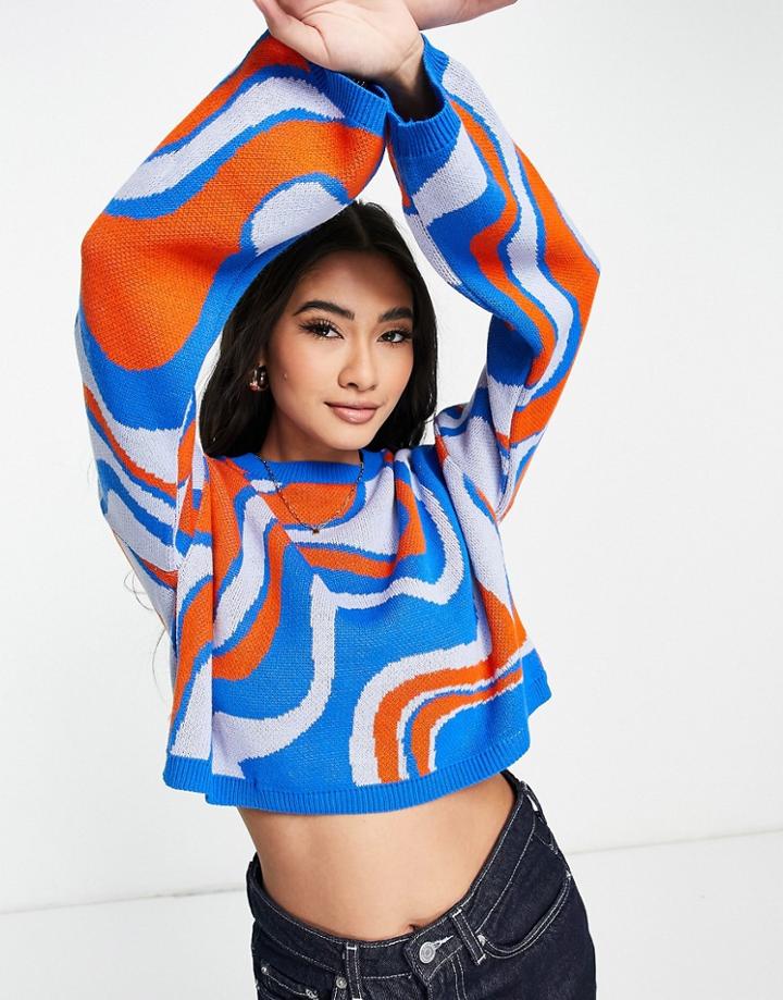 Asos Design Boxy Sweater In Swirl Pattern-blue