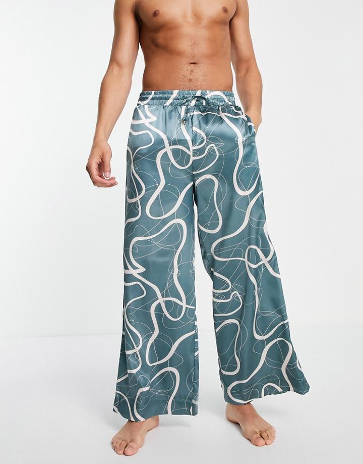 Asos Design Wide Leg Satin Lounge Bottoms With Print-green